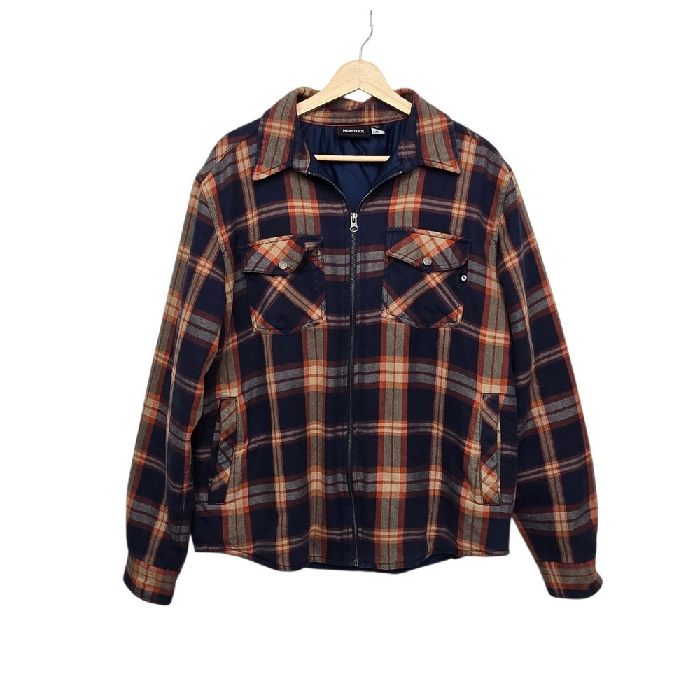 Marmot Mens Full Zip Insulated Flannel Shirt Jacket Plaid Navy Orange Size Large